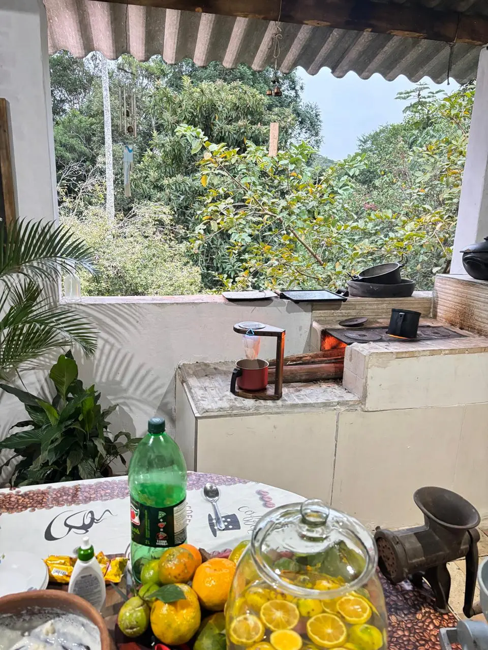 Café e mesa na cozinha caipira integrada à natureza